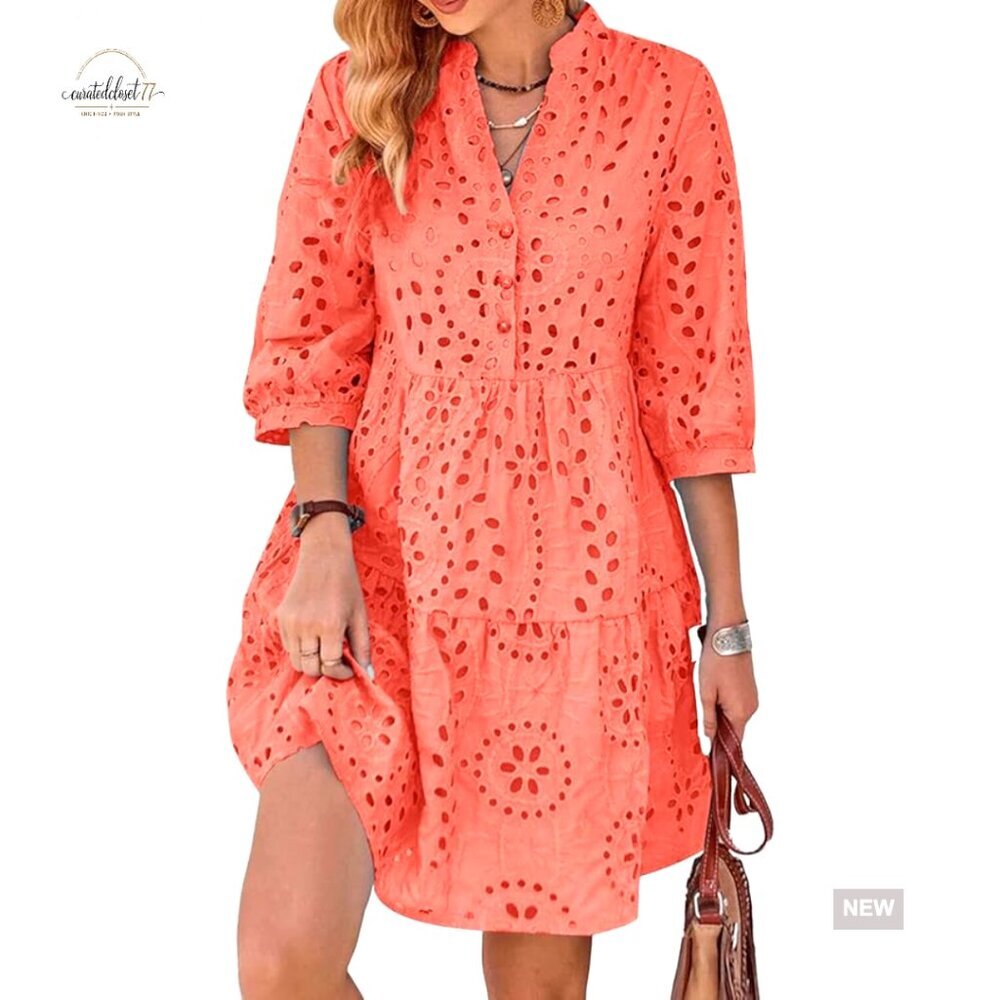 Eyelet Lace Midi Dress V-Neck Puff Sleeve Tiered A-Line Summer